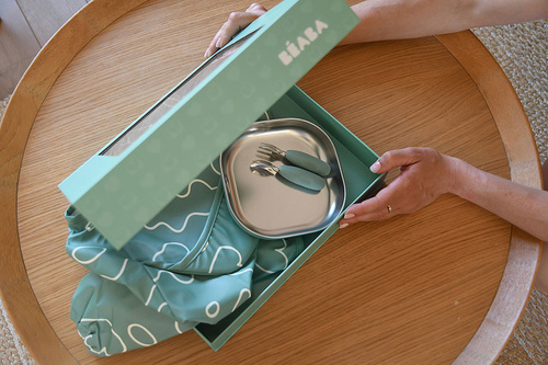 Beaba Zestaw prezentowy First Meals 3w1 (talerzyk + zestaw sztućców + śliniak) Sage green