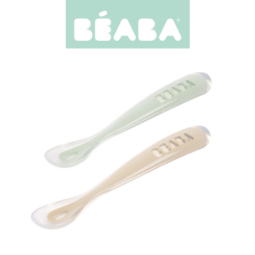 BEABA Zestaw 2 łyżeczek silikonowych w podróżnym etui 4 m+ Clay / Misty green (stary indeks: 913552)
