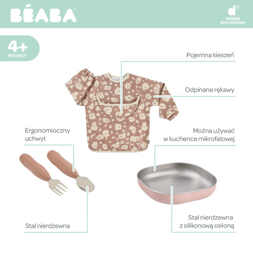 Beaba Zestaw prezentowy First Meals 3w1 (talerzyk + zestaw sztućców + śliniak) Savannah bloom