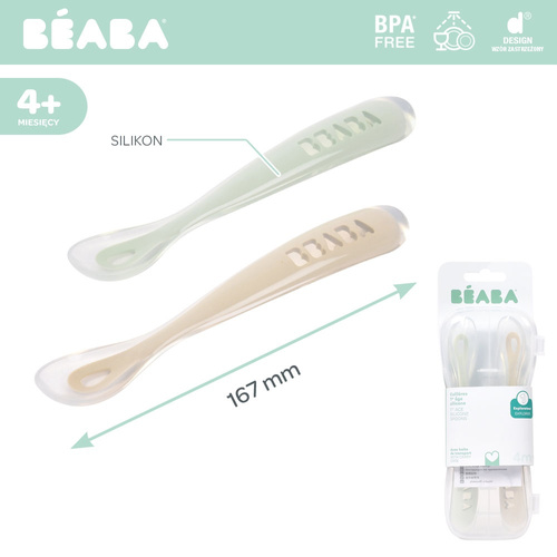 BEABA Zestaw 2 łyżeczek silikonowych w podróżnym etui 4 m+ Clay / Misty green (stary indeks: 913552)