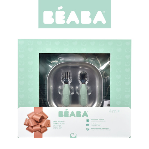 Beaba Zestaw prezentowy First Meals 3w1 (talerzyk + zestaw sztućców + śliniak) Sage green