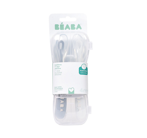 BEABA Zestaw 2 łyżeczek silikonowych w podróżnym etui 4 m+ Pebble / Cloud blue (stary indeks: 913468)