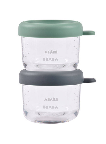 Beaba Zestaw pojemników słoiczków szklanych z zamknięciem 2 x 150 ml Mineral/Sage green