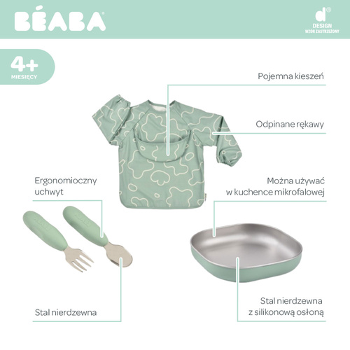 Beaba Zestaw prezentowy First Meals 3w1 (talerzyk + zestaw sztućców + śliniak) Sage green