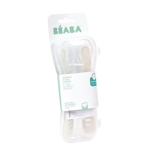 BEABA Zestaw 2 łyżeczek silikonowych w podróżnym etui 4 m+ Clay / Misty green (stary indeks: 913552)