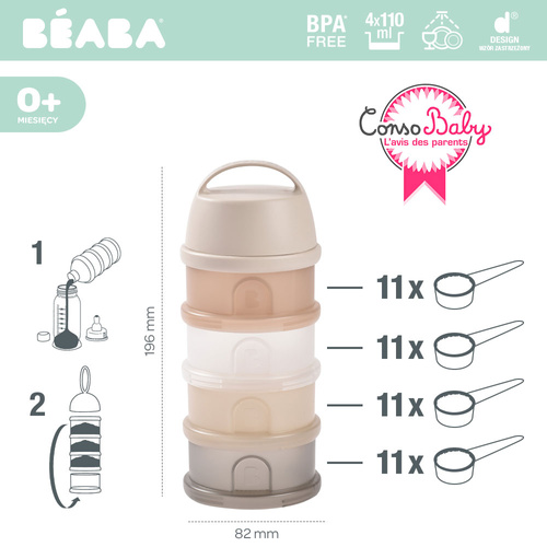 BEABA Pojemniki na mleko w proszku 4 komory przeźroczyste clay