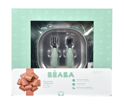 Beaba Zestaw prezentowy First Meals 3w1 (talerzyk + zestaw sztućców + śliniak) Sage green