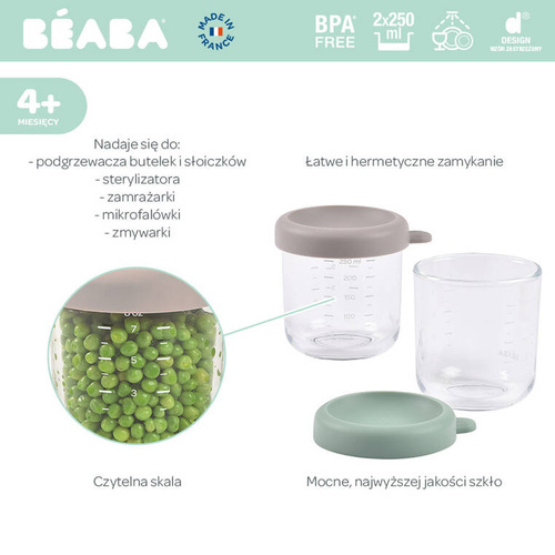 BEABA Zestaw pojemników słoiczków szklanych z zamknięciem 2 x 250 ml Sage green/Gazelle