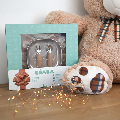 Beaba Zestaw prezentowy First Meals 3w1 (talerzyk + zestaw sztućców + śliniak) Savannah bloom