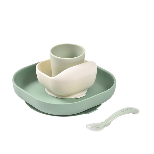 Beaba Komplet naczyń z silikonu z przyssawką Sage green (stary indeks: 913592)