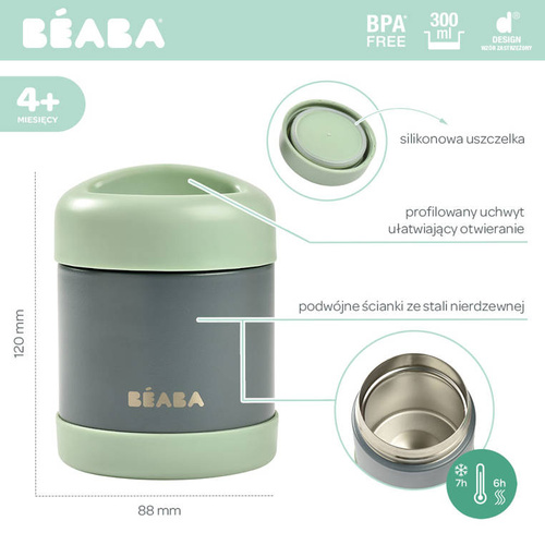 USZKODZONE OPAKOWANIE Beaba Pojemnik-termos obiadowy ze stali nierdzewnej z hermetycznym zamknięciem 300 ml Mineral grey/Sage green