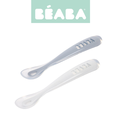 BEABA Zestaw 2 łyżeczek silikonowych w podróżnym etui 4 m+ Pebble / Cloud blue (stary indeks: 913468)