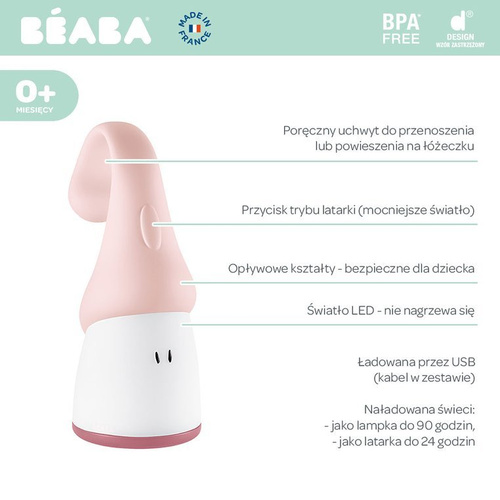 BEABA Lampka nocna LED przenośna z latarką Pixie 90h świecenia Pink