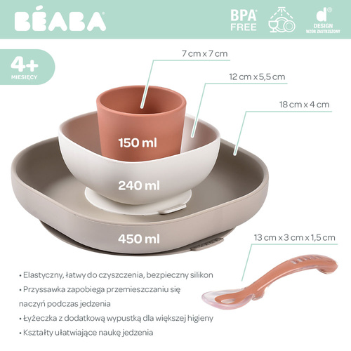Beaba Komplet naczyń z silikonu z przyssawką Terracotta
