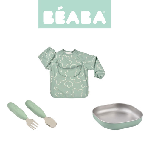 Beaba Zestaw prezentowy First Meals 3w1 (talerzyk + zestaw sztućców + śliniak) Sage green