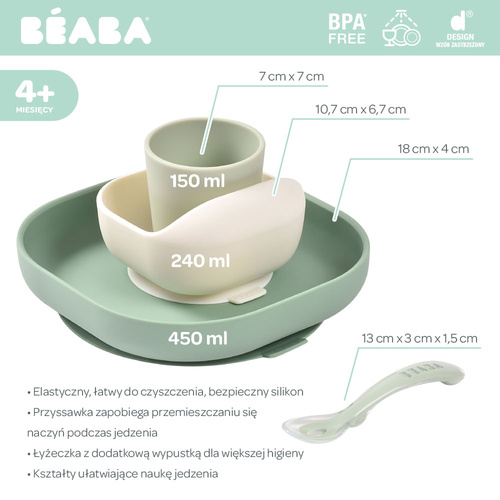 Beaba Komplet naczyń z silikonu z przyssawką Sage green (stary indeks: 913592)