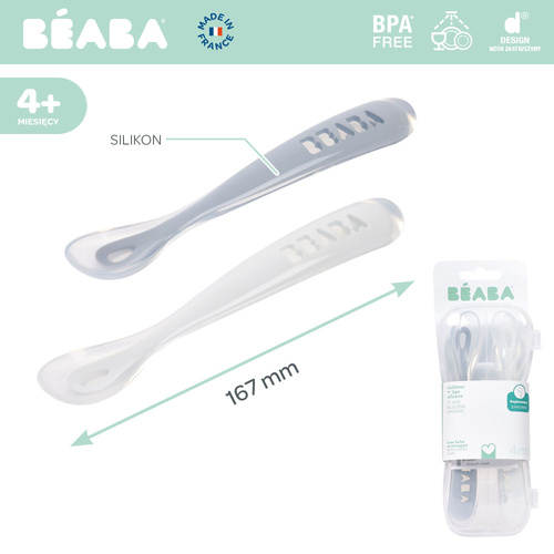 BEABA Zestaw 2 łyżeczek silikonowych w podróżnym etui 4 m+ Pebble / Cloud blue (stary indeks: 913468)