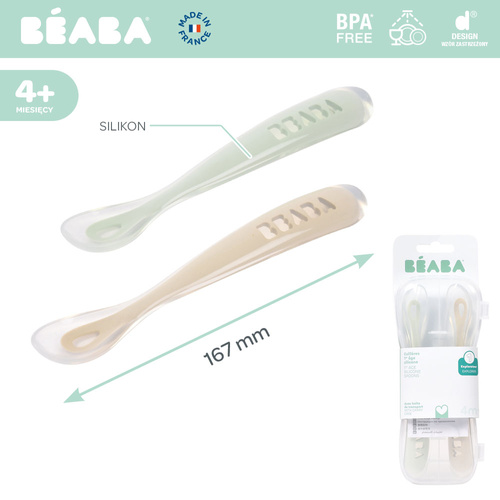 BEABA Zestaw 2 łyżeczek silikonowych w podróżnym etui 4 m+ Clay / Misty green (stary indeks: 913552)