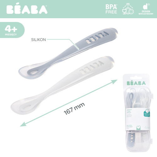 BEABA Zestaw 2 łyżeczek silikonowych w podróżnym etui 4 m+ Pebble / Cloud blue (stary indeks: 913468)