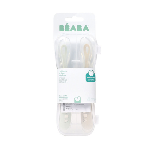 BEABA Zestaw 2 łyżeczek silikonowych w podróżnym etui 4 m+ Clay / Misty green (stary indeks: 913552)