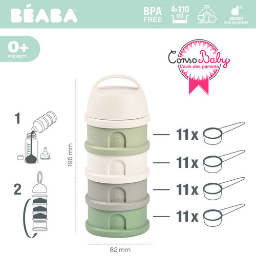 BEABA Pojemniki na mleko w proszku 4 komory cotton white/sage green (opakowanie zbiorcze 6 szt.)