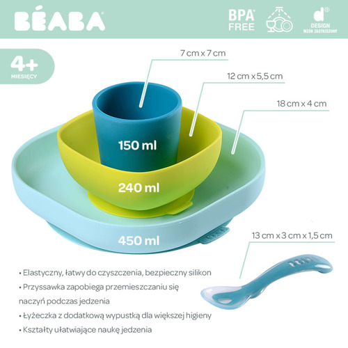 Beaba Komplet naczyń z silikonu z przyssawką blue + Łyżeczka 360° Airy green