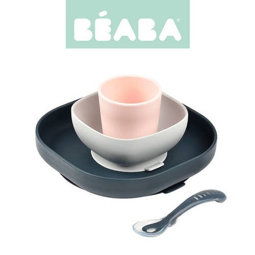 Beaba Komplet naczyń z silikonu z przyssawką dark blue + Łyżeczka 360° Old Pink