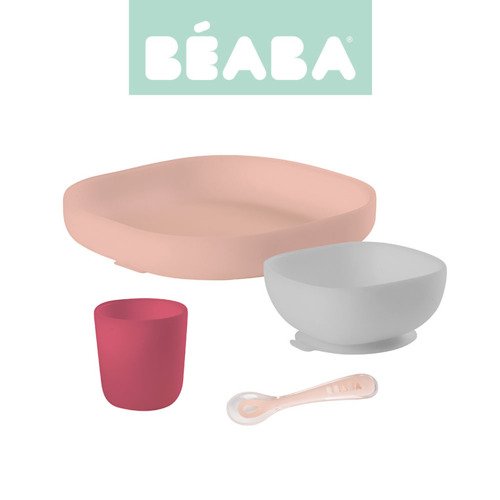 Beaba Komplet naczyń z silikonu z przyssawką pink + Łyżeczka 360° Old Pink