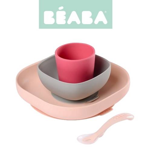 Beaba Komplet naczyń z silikonu z przyssawką pink + Łyżeczka 360° Old Pink