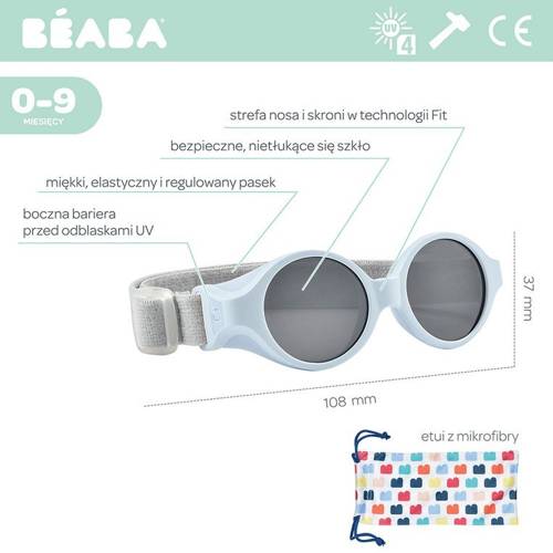 Beaba Okulary przeciwsłoneczne dla dzieci z elastyczną opaską 0-9 miesięcy Glee - Pearl blue