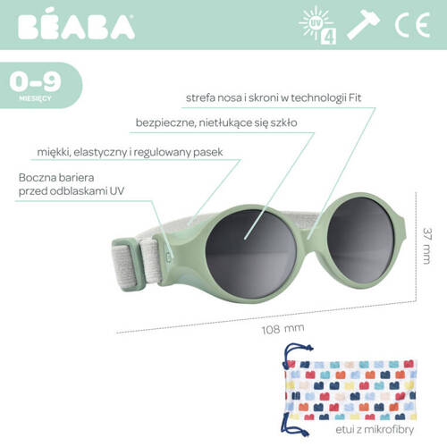 Beaba Okulary przeciwsłoneczne dla dzieci z elastyczną opaską 0-9 miesięcy Glee - Sage green