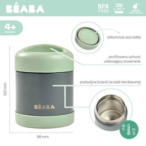 Beaba Pojemnik-termos obiadowy ze stali nierdzewnej z hermetycznym zamknięciem 300 ml Mineral grey/Sage green