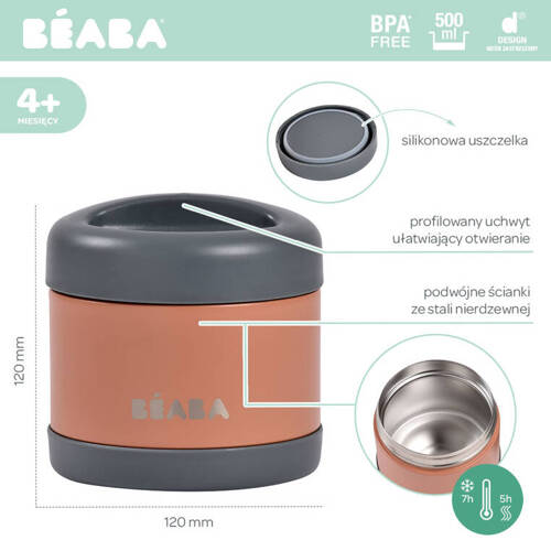 Beaba Pojemnik - termos obiadowy ze stali nierdzewnej z hermetycznym zamknięciem duży 500 ml Mineral grey/Terracotta