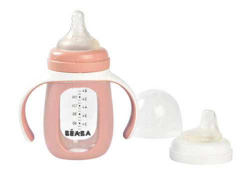 Beaba Szklana butelka treningowa w silikonowej osłonce 2w1 210 ml Old pink