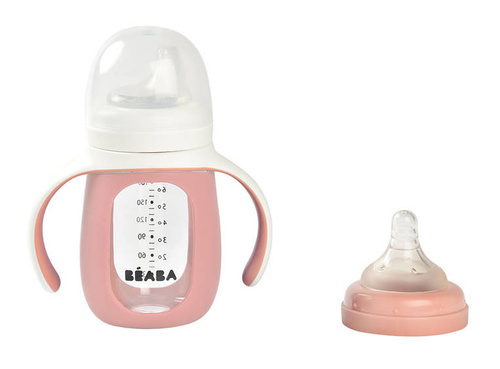 Beaba Szklana butelka treningowa w silikonowej osłonce 2w1 210 ml Old pink