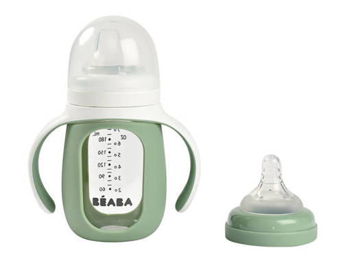 Beaba Szklana butelka treningowa w silikonowej osłonce 2w1 210 ml Sage green