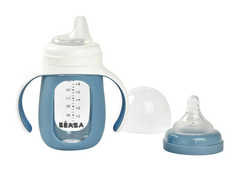 Beaba Szklana butelka treningowa w silikonowej osłonce 2w1 210 ml Windy blue