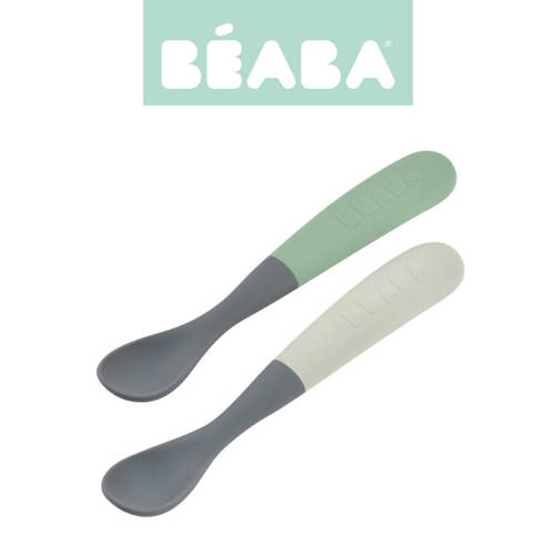 Beaba Zestaw 2 łyżeczek silikonowych w podróżnym etui 4 m+ Mineral grey/Sage green