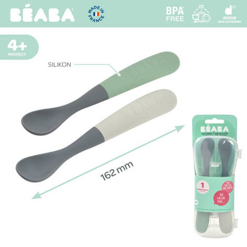 Beaba Zestaw 2 łyżeczek silikonowych w podróżnym etui 4 m+ Mineral grey/Sage green