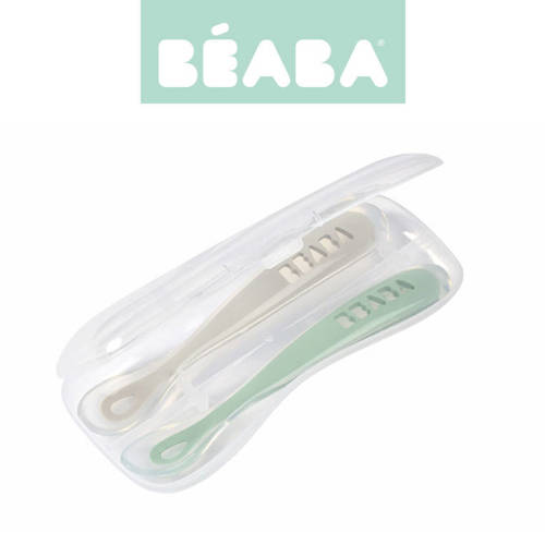 Beaba Zestaw 2 łyżeczek silikonowych w podróżnym etui 4 m+ Sage Green