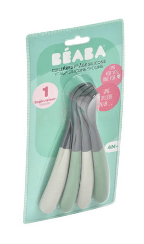 Beaba Zestaw 4 łyżeczek silikonowych 4 m+ Mineral grey/Sage green