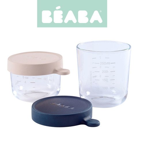 Beaba Zestaw pojemników słoiczków szklanych z hermetycznym zamknięciem 150 + 250 ml pink i dark blue
