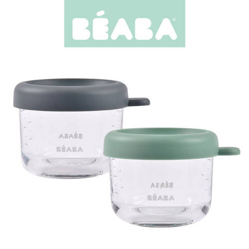 Beaba Zestaw pojemników słoiczków szklanych z zamknięciem 2 x 150 ml Mineral/Sage green